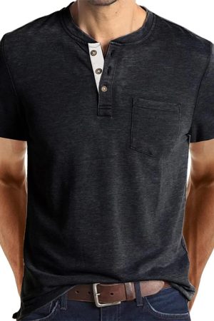 Fashion Men's Henley Shirts Classic Short Sve Basic Button Cotton T-Shirt with Pocket