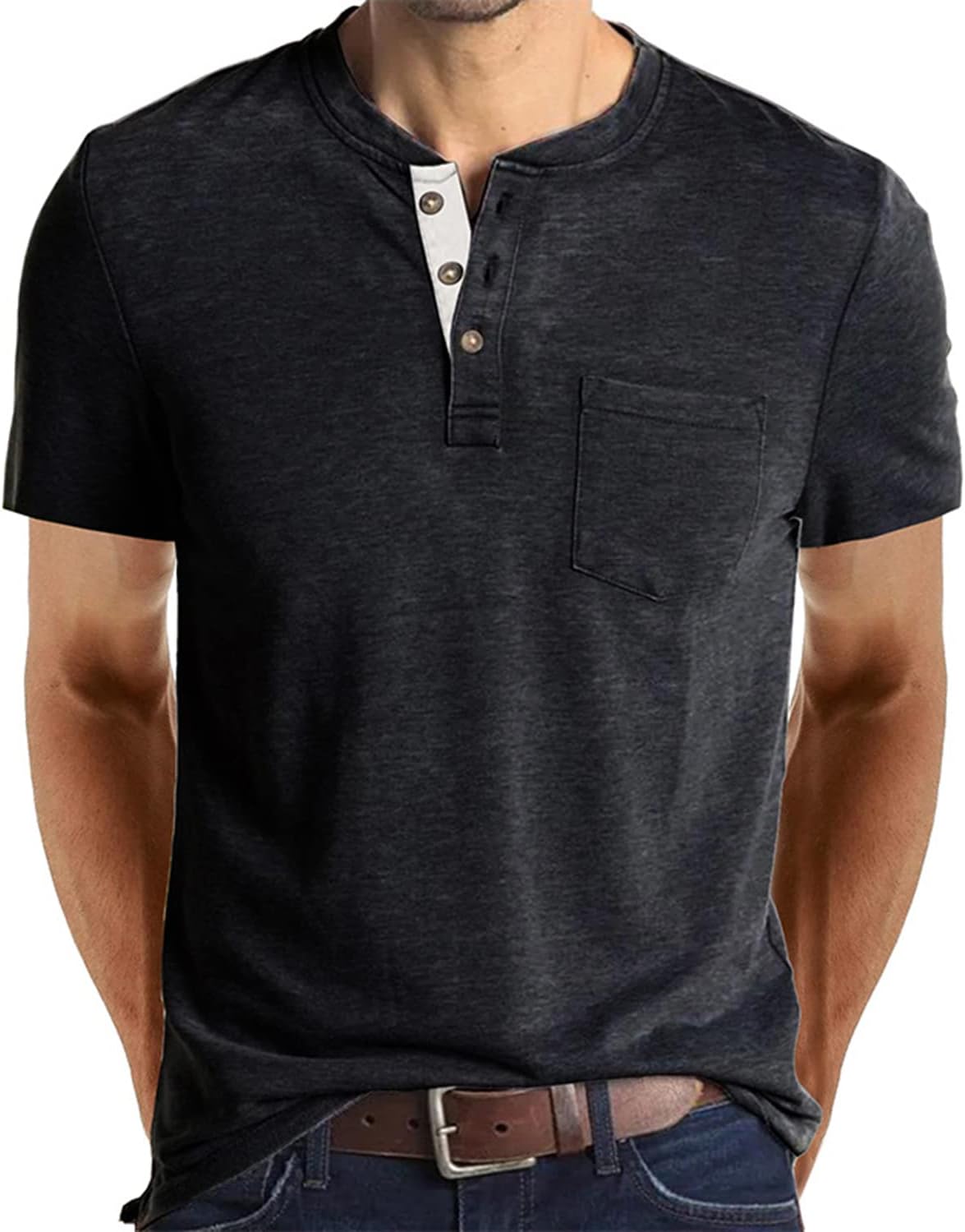Fashion Men's Henley Shirts Classic Short Sve Basic Button Cotton T-Shirt with Pocket