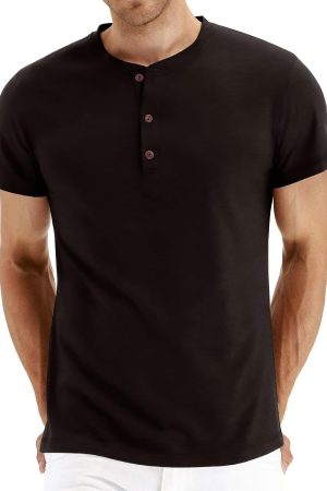 Men's Fashion Casual Front Placket Short/Long Sve Henley T-Shirts Cotton Shirts