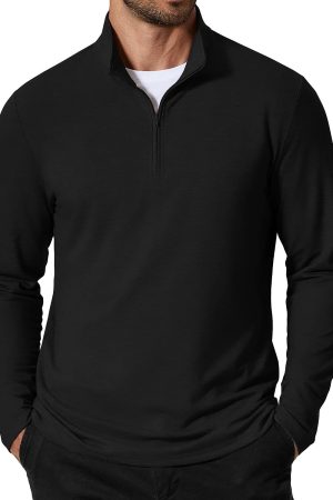Men's Quarter Zip Pullover Lightweight Mock Neck Sweatshirt Casual Long Sleeve Polo Shirts