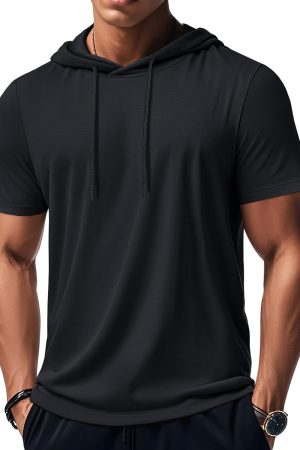 Men's Short Sleeve Hoodie Workout Gym Athletic Cotton Lightweight Hooded T Shirts Sweatshirt