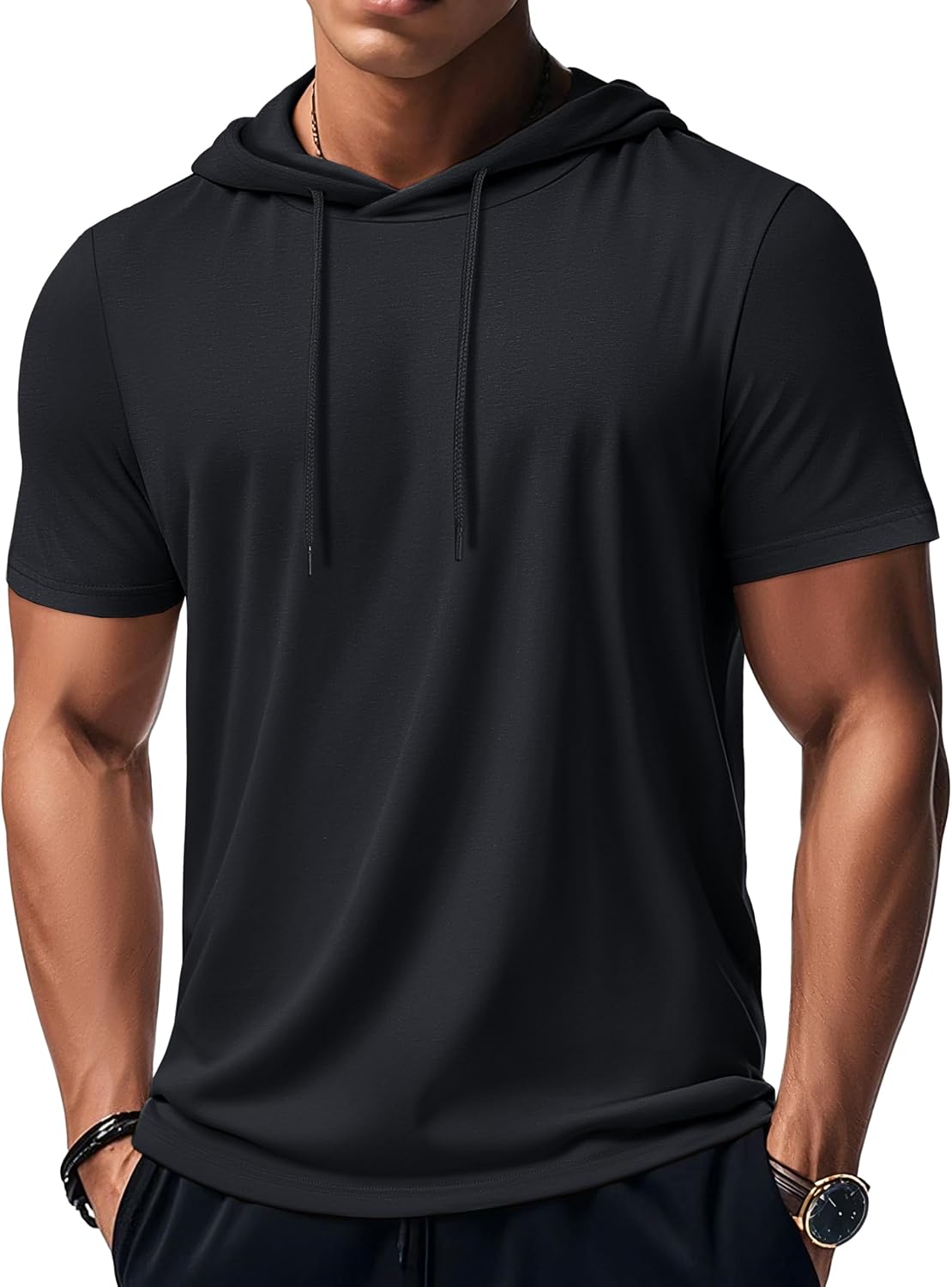 Men's Short Sleeve Hoodie Workout Gym Athletic Cotton Lightweight Hooded T Shirts Sweatshirt