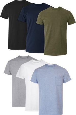 Men's Cotton Pocket T-Shirt, Moisture-Wicking with Odor Control, Assorted, 6-Pack