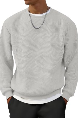 Men's Crewneck Sweatshirt Jacquard Texture Pullover Casual Long Sleeve Shirt for Fall Winter
