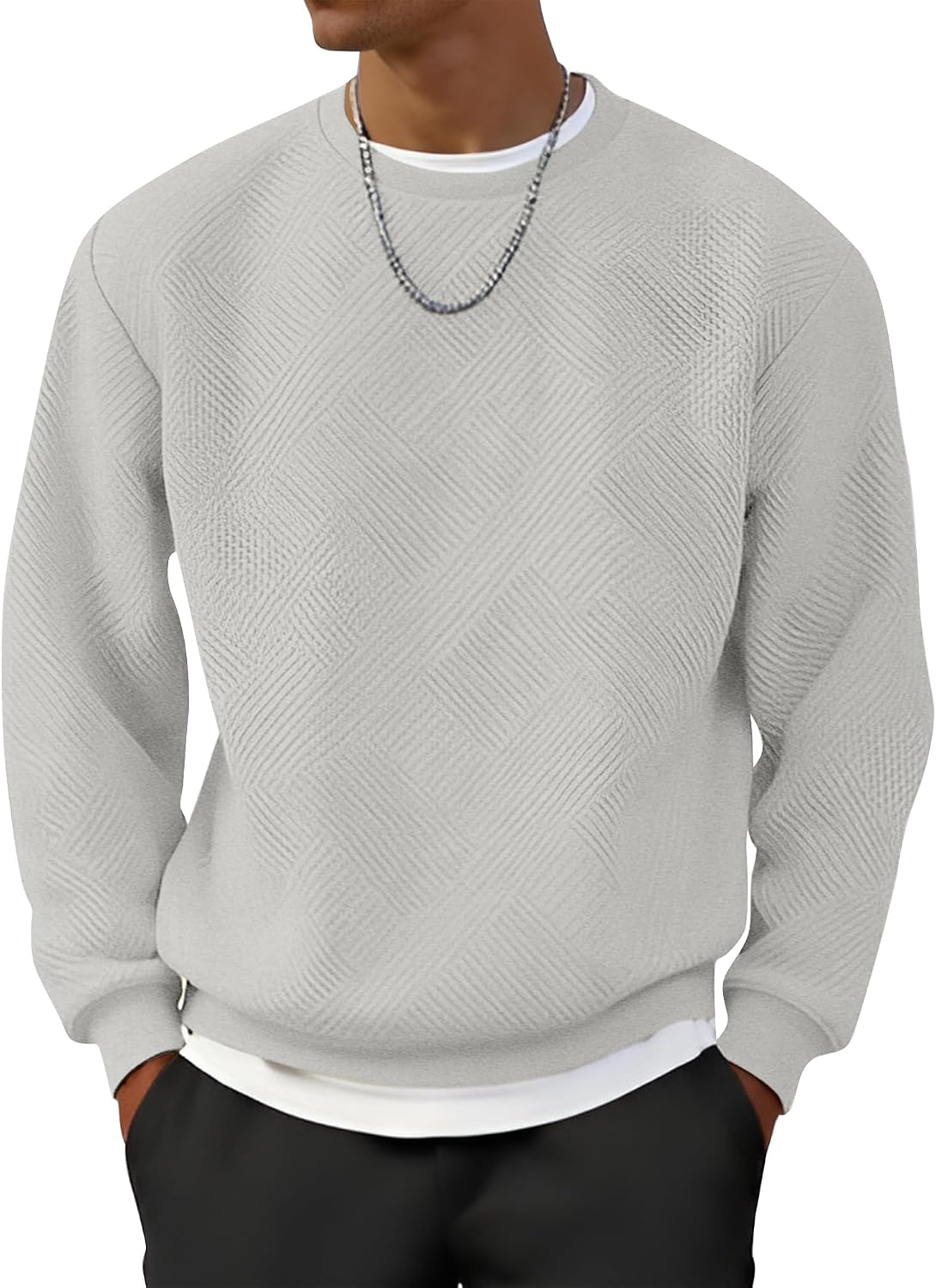Men's Crewneck Sweatshirt Jacquard Texture Pullover Casual Long Sleeve Shirt for Fall Winter