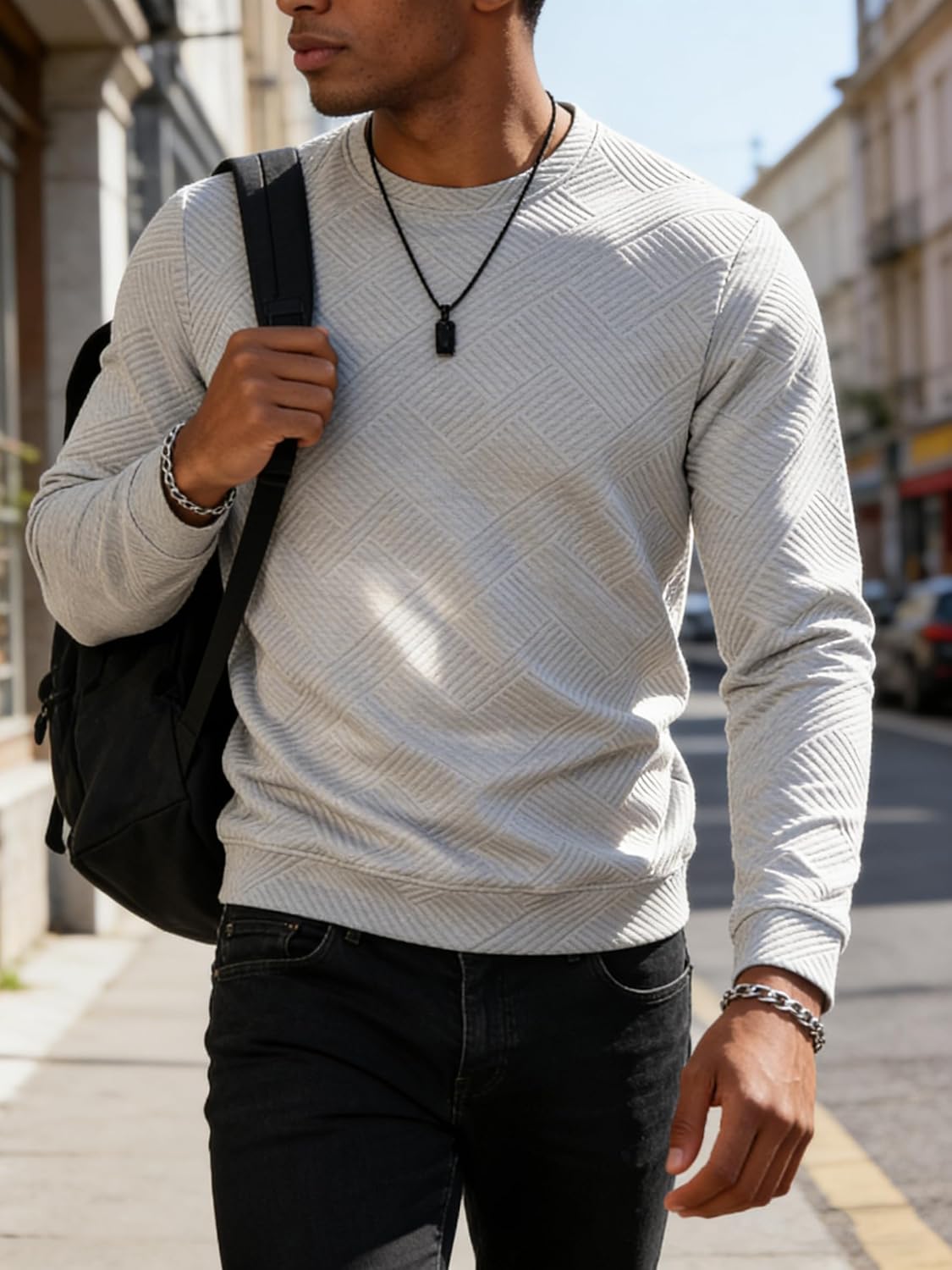 Men's Crewneck Sweatshirt Jacquard Texture Pullover Casual Long Sleeve Shirt for Fall Winter - Image 2