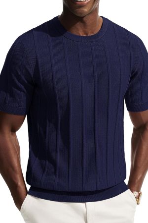 Men's T-Shirt Basic Crew Neck Short Sve Plain Slim Fit Tee Shirt Stretch Textured T-Shirts Men for Work Sports Golf