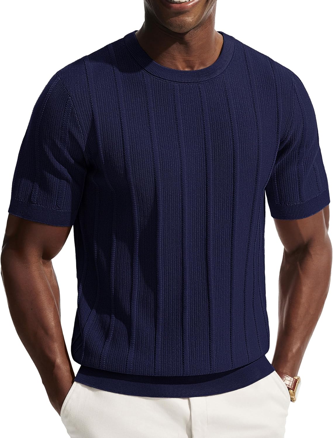 Men's T-Shirt Basic Crew Neck Short Sve Plain Slim Fit Tee Shirt Stretch Textured T-Shirts Men for Work Sports Golf